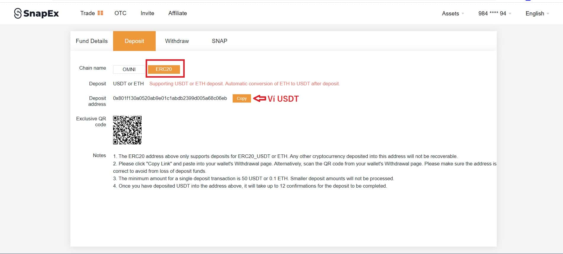 nạp usdt vào sàn snapex