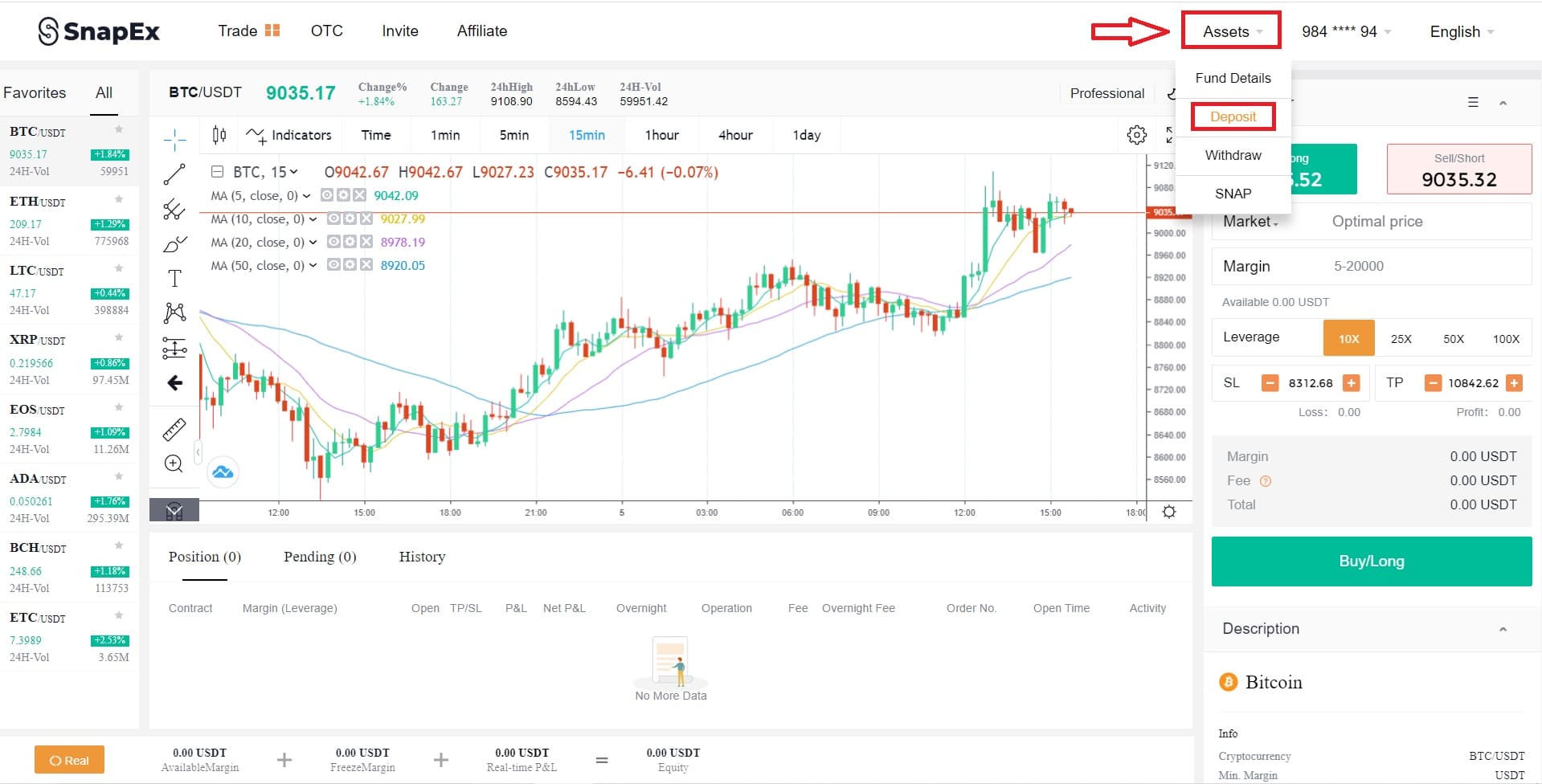 nạp usdt vào sàn snapex