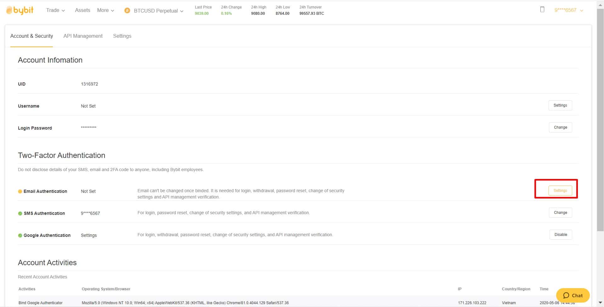 bật bảo mật email bybit